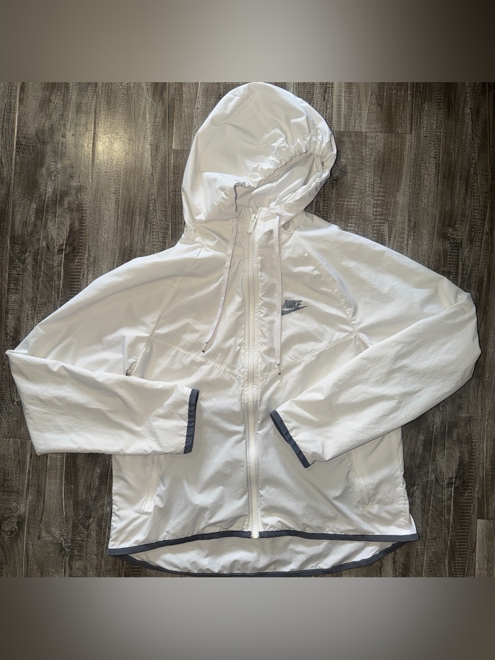 Nike White Hooded Bomber Windbreaker Jacket with Gray Trim